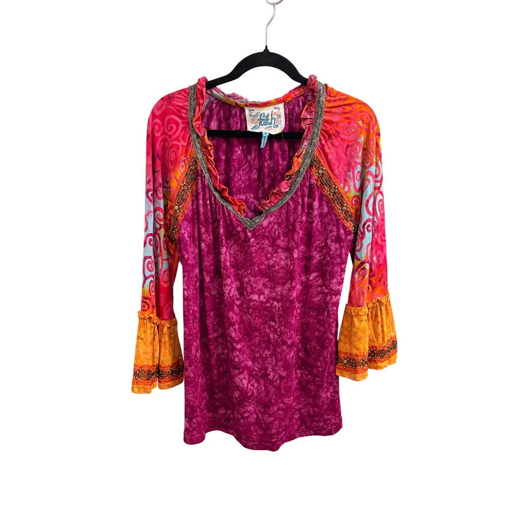 Beaded Boho Y2K Vintage Top Faith Women Small Pink Orange Ruffle Bell Sleeve